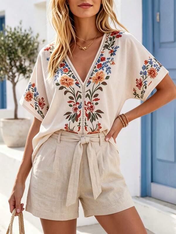 SHEIN Holidaya Women's Bohemian Vacation Style Deep V-Neck Shoulder Sleeve Floral Print Top, Casual Holiday Wear, Apricot Color