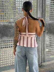 SAYEHFBABY Top sin mangas con cuello halter a rayas rosa y marrón para mujer, estilo vintage americano, para festival, noche de fiesta, club, vacaciones y verano, casual - Multicolor - Ver 2