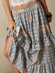 Bohemela Women's Elastic Waist All-Over Print Pleated Casual Versatile Daily Skirt - Blue - View 5
