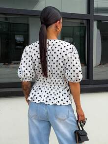 SAYEHFBABY Women's Polka Dot Print Petal Sleeve Shirt, Comfortable And Stylish For Commuting And Outings, Spring/Summer - Black and White - View 2