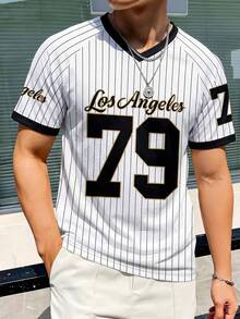 Manfinity Gritte Field 男士 Los Angeles 79 號條紋網眼 V 領運動球衣，快乾透氣棒球短褲 - 彩色 - 查看 7