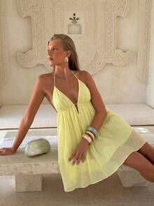 Aloruh Women's Sexy Solid Color Backless Halter Mini Dress Summer Golf Pale Yellow Brunch Vacation Going Out - Light Yellow - View 5