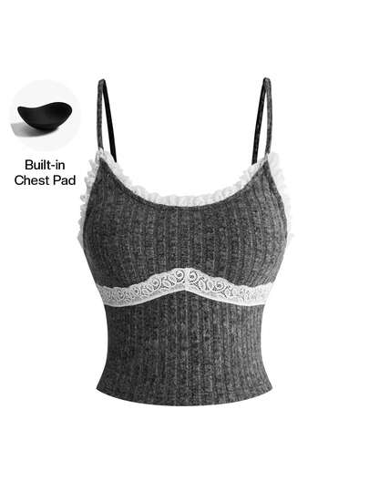ROMWE Versatile All-Match Deep U-Neck Lace Trim Comfortable Brushed Fabric Plus Size Camisole & Tank Top (With Removable Cups)