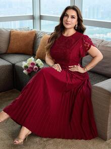 Modelyn Plus Size Women's Round Neck Lace Waist Tie Pleated Casual Date Outing Summer Dress - Burgundy - View 1