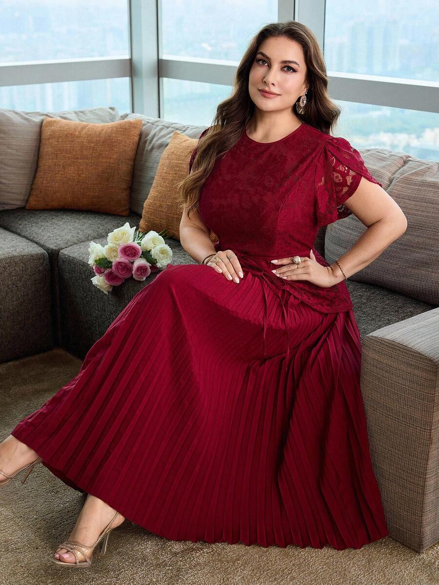 Modelyn Plus Size Women's Round Neck Lace Waist Tie Pleated Casual Date Outing Summer Dress - Burgundy - View 1