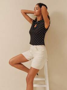 lacRébo 時尚黑奶油色波點細針織短袖上衣，附鑰孔設計，復古風 - 黑與白 - 查看 4