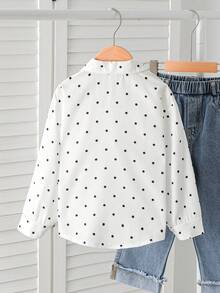 SHEIN Elladie kids 女童新款波點圖案布料鈕扣襯衫，適合日常休閒、優雅、度假、時尚外出 - 白色 - 查看 2