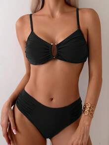 Swim Chiccia Summer Beach Pleated Spaghetti Strap Bikini Set - Black - View 5