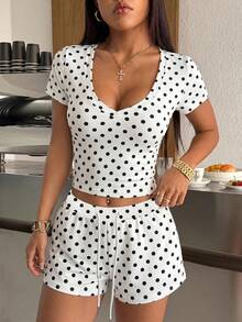 SHEIN EZwear 夏季經典復古波點印花百褶短袖上衣與抽繩腰短褲運動套裝，灰色2件套，舒適2件套 - 彩色 - 查看 5