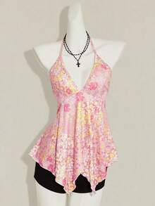 SHEIN ICON 碎花露背掛脖上衣 - 粉色 - 查看 3