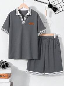 Casuvi Kids 2件組青少年男孩休閒 Polo 衫與短褲套裝 - 深灰色 - 查看 6