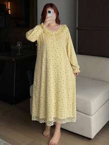 Dazy Plus Contrast Lace Short Sleeve Spring/Summer Ditsy Floral Loose Cute Long Plus Size Women's Loungewear Nightgown - Yellow - View 2