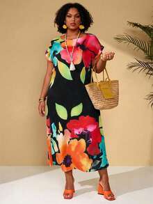 BrightlyHer Damen Große Größen Blume Muster Lässig Urlaubs Sommerkleid - Schwarz - Übersicht 7