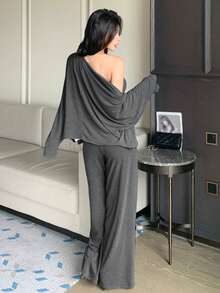 DAZY Women's 3 PiecesSummer Gray Striped Strapless Camisole, Cardigan, Straight Leg Pants Set, Loose Casual Loungewear - Grey - View 4