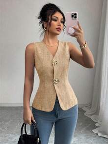SHEIN Raffinéa 女款V領修身前襟金色玫瑰鈕扣裝飾外套背心 - 黃色 - 查看 4