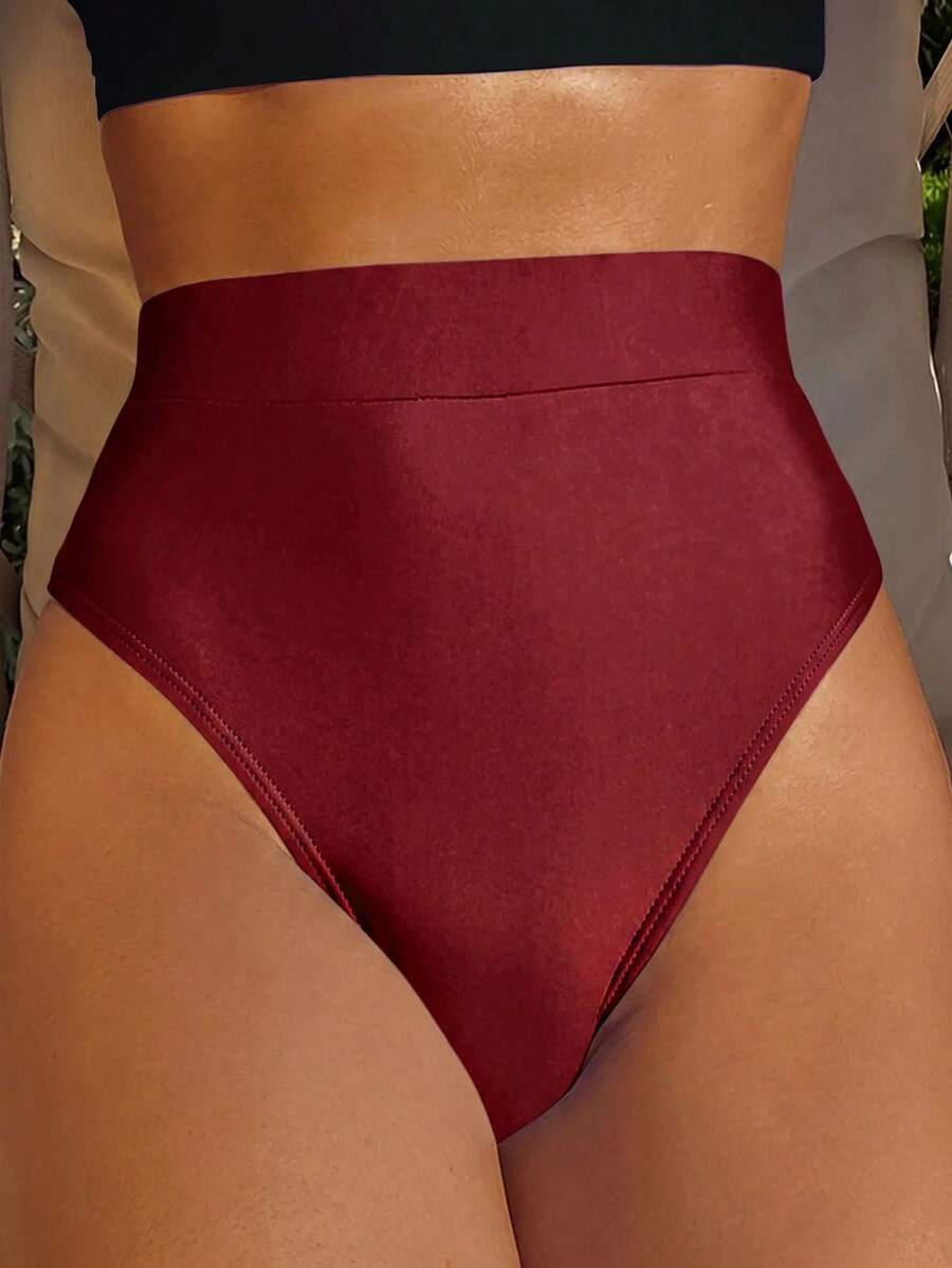 Swim Vcay Solid Color High Waist Bikini Bottom - Burgundy - View 1