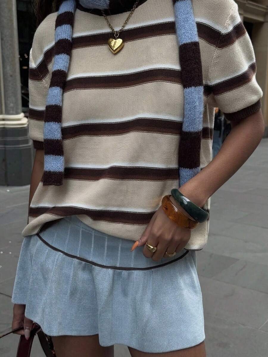 Siren Gaze Women's Round Neck Brown And Cream Patchwork Casual Retro Vintage Preppy Versatile Daily Everyday School Outing Knit Top Back-To-School Autumn - Multicolor - View 1
