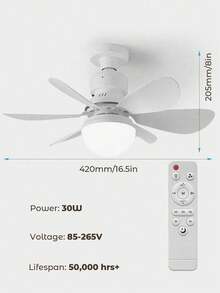 Teckwe 附燈遙控吸頂風扇，30W 可調光，靜音 LED 吸頂風扇，E27 燈座，適用臥室、客廳，6 片葉片，3 段風速，定時功能，室內外通用 - 多色 - 查看 4