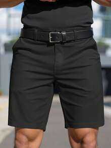 Manfinity Homme Men's Plus Size Dark Grey Shorts, Commuter Fashion Versatile CasualBermuda Shorts, Straight Leg Shorts - Black - View 1