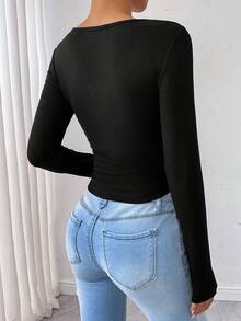 SHEIN Raffinéa 女款秋冬休閒百搭方領抓絨T恤 - 黑色 - 查看 2
