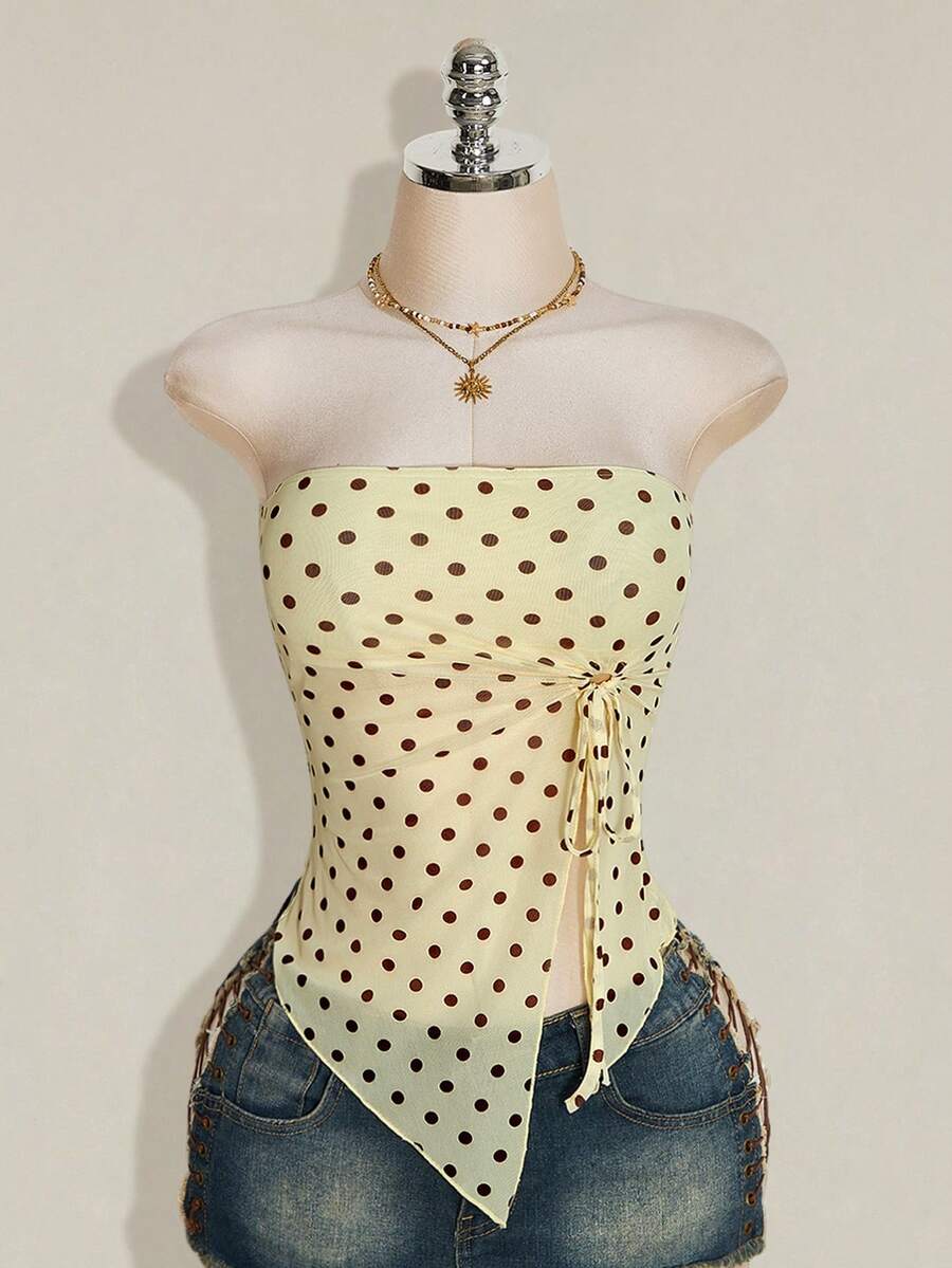 SHEIN ICON Women's Polka Dot Asymmetrical Hem Bandeau Top - Light Yellow - View 1