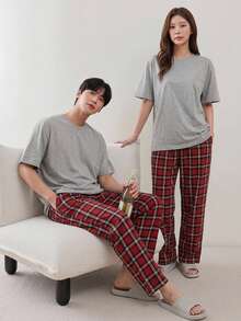 DAZY Grey T-Shirt Set With Men's Plaid Home Wear, Spring/Summer Pajama - Multicolor - View 11