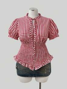 Sunspun Plus Size Women's Plaid Shirred Design Summer Commute Vacation Shirt - Multicolor - View 3