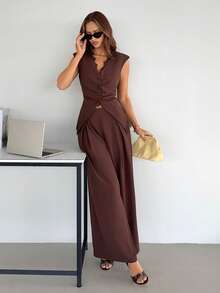 Siren Gaze Summer Women's Elegant Smart Casual Dark Brown Lace Trim Vest And Wide Leg Pant Two Pieces Outfit, Suitable For Office Brunch City Break, Work - Brown - View 7