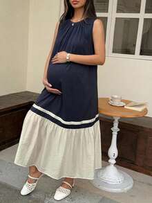 DAZY Colorblock Patchwork Round Neck Casual Loose Short Sleeve Long Maternity Dress For Spring And Summer - Navy Blue - View 5