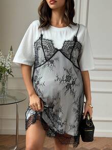 Dazy Maternity White Round Neck Short Sleeve T-Shirt Dress With Lace Strap 2 In 1 Loose Fit Maternity Dress For Spring And Summer Cute Tops - Black and White - View 5