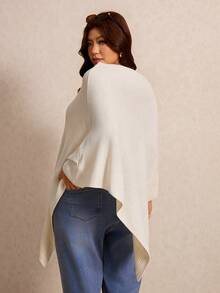 Elaquor Plus Size Women's Solid Color Asymmetrical Shoulder Batwing Sleeve Asymmetrical Hem Sweater Winter - Apricot - View 2