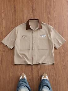 SWAVVY 男士字母刺繡口袋單排扣短袖襯衫 - 咖啡棕 - 查看 2