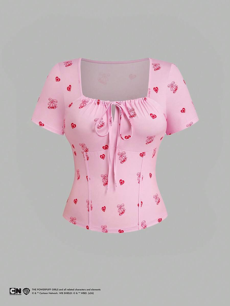 Sweetra THE POWERPUFF GIRLS X SHEIN Damen Rosa Herz Kirsch Muster Kordelzug Crop Top, sexy süßer Mädchenstil, geeignet für Date/Straße/Pendeln, schlankmachendes Taillen-betonendes Puffärmel T-Shirt - Pink - Übersicht 1