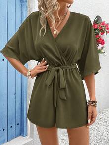 Vivid Eden Women's Summer V-Neck Criss-Cross Wrap Waist Tie-Up Lace Trim Textured Fabric Casual Vacation Romper - Dark Green - View 3