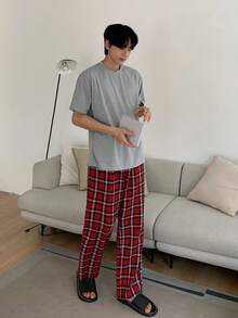 DAZY Grey T-Shirt Set With Men's Plaid Home Wear, Spring/Summer Pajama - Multicolor - View 7
