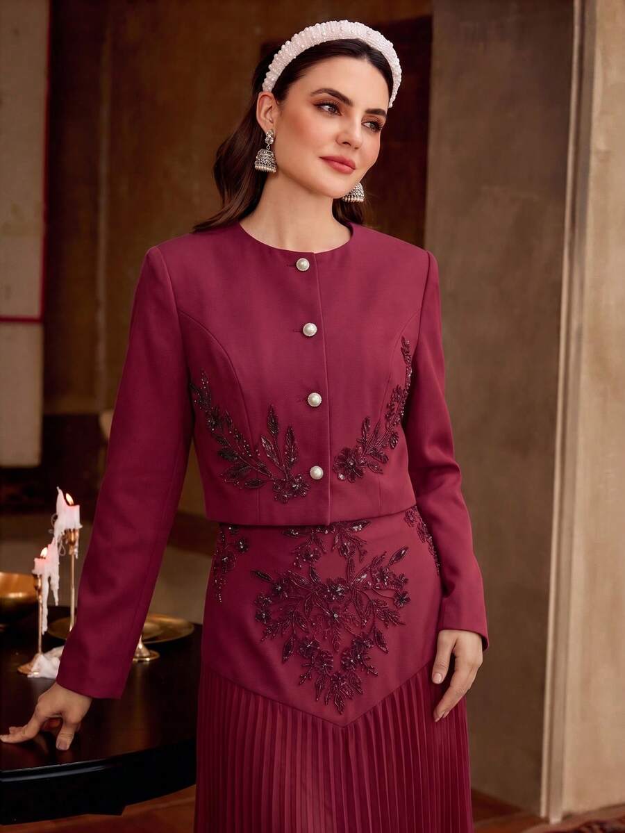 ZEYLAH Women's Sequin Embellished Long Sleeve Single-Breasted Fashionable Regular Jacket - Red Violet - View 1