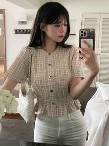 DAZY 女款韓式修身優雅夏季牛仔上衣 - 卡其色 - 查看 1