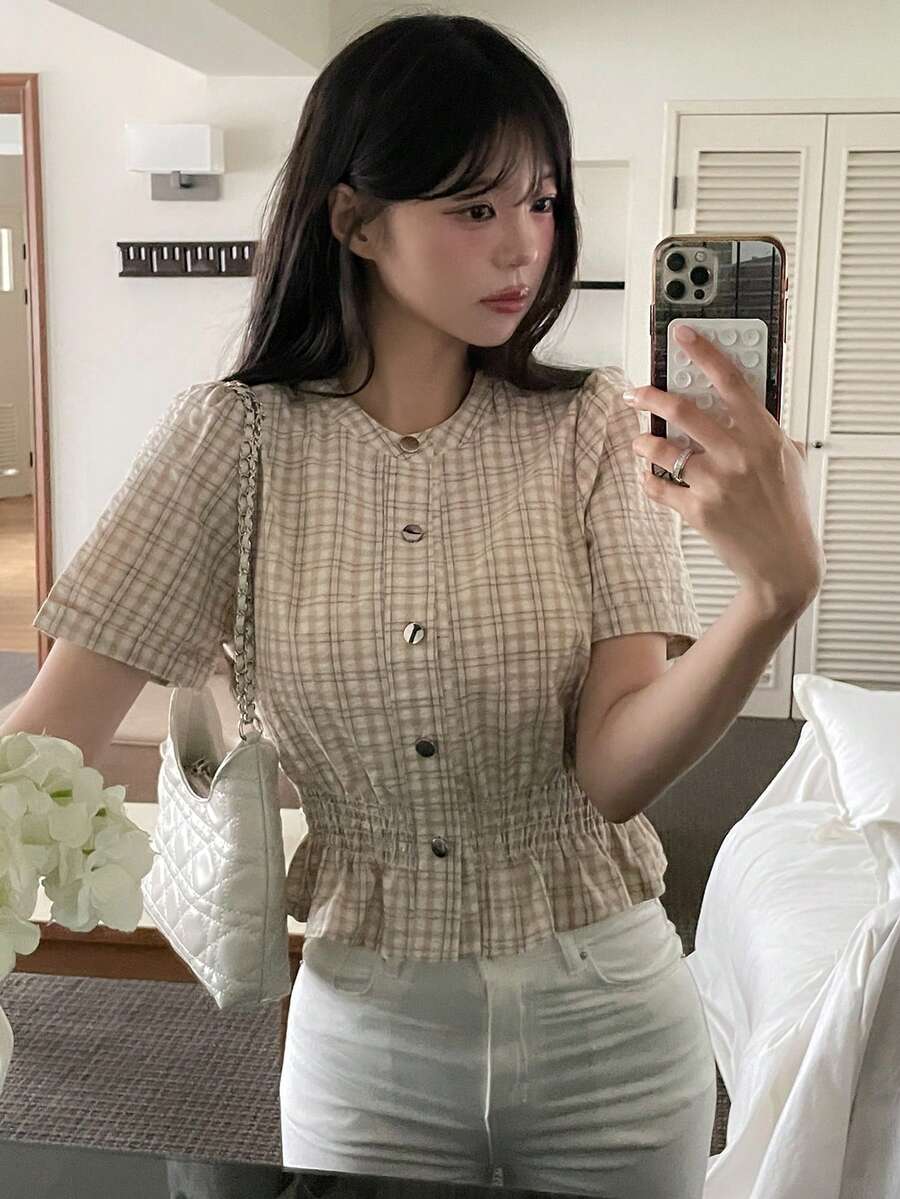 DAZY 女款韓式修身優雅夏季牛仔上衣 - 卡其色 - 查看 1