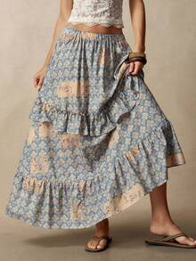Bohemela Women's Elastic Waist All-Over Print Pleated Casual Versatile Daily Skirt - Blue - View 6