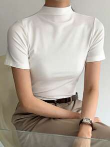DAZY Solid Stand Collar Tee - White - View 7