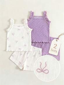 SHEIN Playful Pals 嬰兒夏季吊帶套裝，女嬰蝴蝶結波點荷葉邊無袖上衣與短褲2件套，兒童休閒套裝 - 紫色 - 查看 1