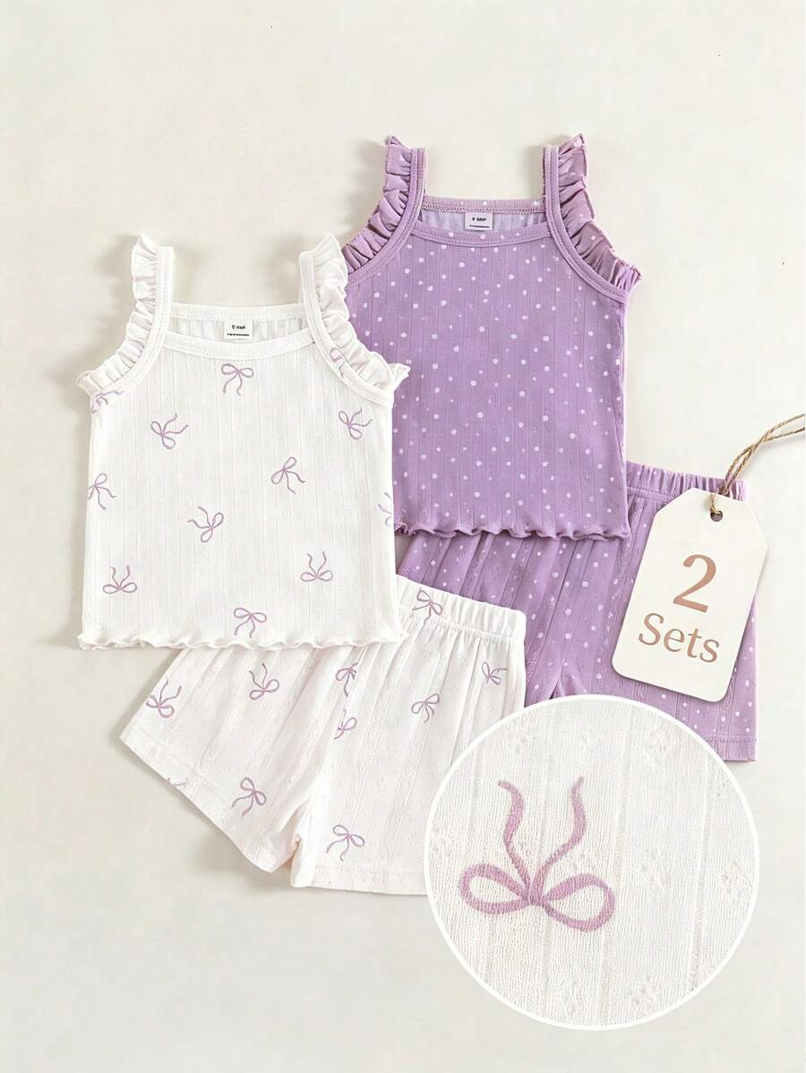 SHEIN Playful Pals 嬰兒夏季吊帶套裝,女嬰蝴蝶結波點荷葉邊無袖上衣與短褲2件套,兒童休閒套裝 - 紫色 - 查看 1