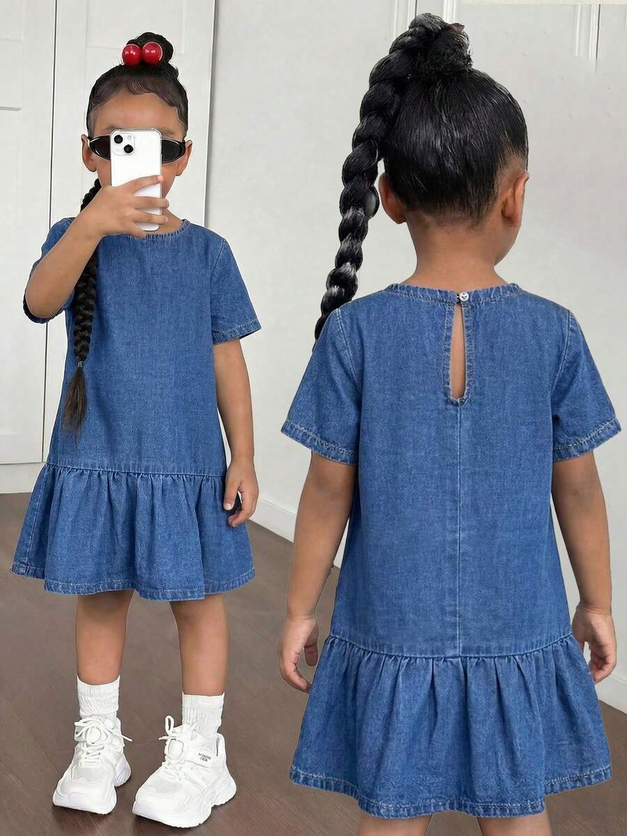 少女 Y2K 風格深藍色牛仔軟質百搭短袖寬鬆洋裝,適合夏季/秋季,少女返校穿搭與日常穿著 - 深色水洗藍 - 查看 1