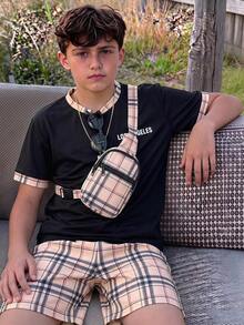 SHEIN 2 Stücke Set Kinder Tween Jungen Lässig Buchstaben Muster Kragen Kurzarm T-Shirt und Kariertes Muster Shorts, geeignet für Pendeln, Schule, tägliche Lässig, Sport, Frühling/Sommer - Schwarz - Übersicht 4