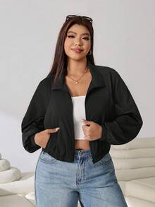 Solflare Autumn New Plus Size Women's Solid Color Raglan Long Sleeve Zip-Up Jacket Go Back To School Hiking Rodeo Cowboy - Black - View 7