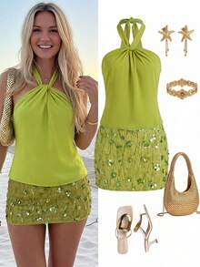 Lavishia Women's Halter Top And Sequin Mini Skirt Elegant Sexy Luxury Set, Suitable For Vacation Beach Night Out Green Summer - Green - View 7