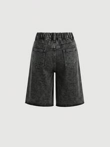 SHEIN 青少年女孩藍色牛仔寬鬆破洞短褲 - 黑色 - 查看 3