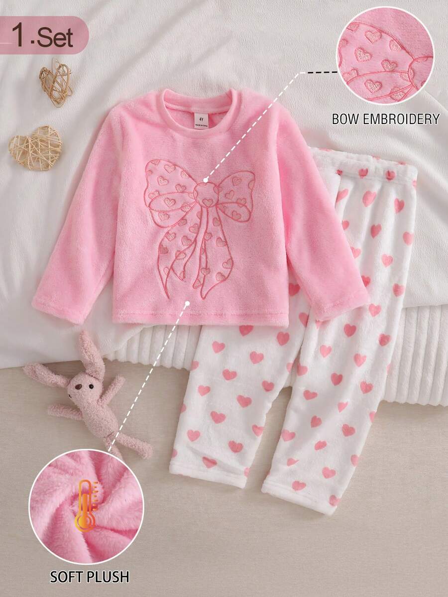 Girls' 2pcs Soft Skin-Friendly Plush Bow & Heart Embroidered Long Sleeve & Pants Loungewear Set Crew Neck Knit Print Embroidery Autumn/Winter