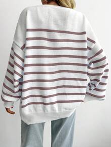 EURMUSE Striped & Heart Pattern Drop Shoulder Sweater - Brown - View 2