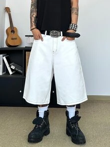 STEELVANCE 男士街頭風復古時尚百搭刺繡寬腿休閒牛仔短褲（不含腰帶與配件） - 白色 - 查看 3
